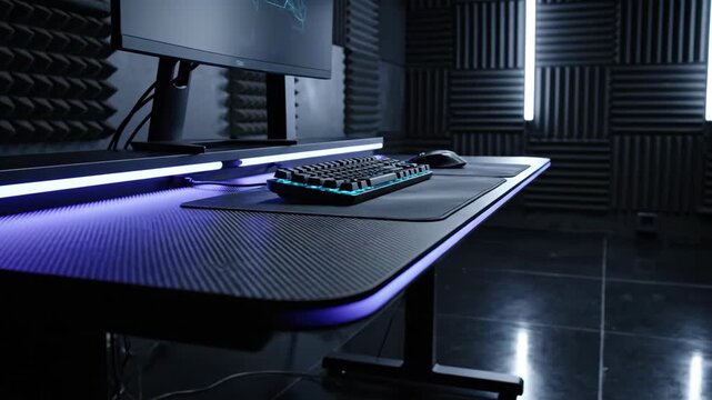 Dramatic low-key shot of a dark gaming desk setup with purple led accents, featuring a carbon fiber surface 