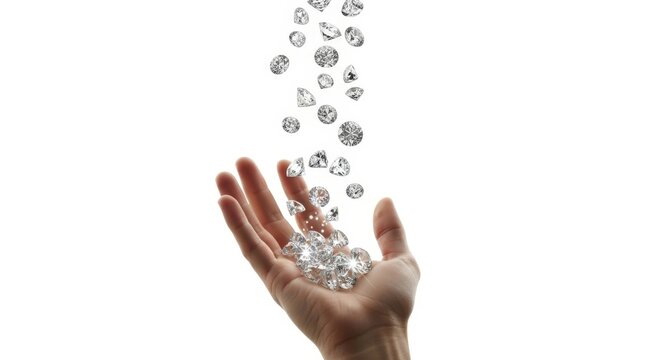 diamonds falling down onto a hand, on a solid white background, glimmering jewels, luxury