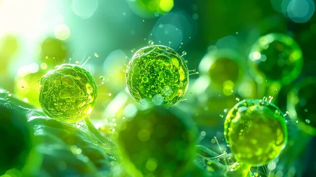 Microscopic Marvel: An artistic close-up reveals a stunning array of vibrant green algae cells, highlighting the beauty and complexity of microscopic life.