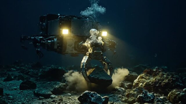 Deep sea mining drone extracting minerals on the dark ocean floor