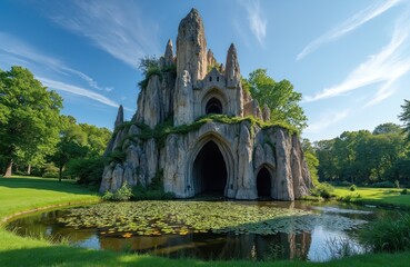 Naklejka premium Artificial rock formation with Gothic arches and caves in a park landscape. A serene pond covered in lily pads reflects the clear blue sky and lush green trees surrounding it.