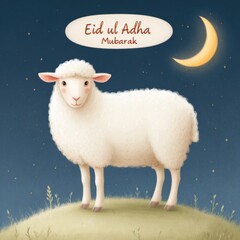 Stock illustration of a sheep with a fluffy white coat, set against a night sky featuring a crescent moon and stars, with an Eid ul Adha greeting above