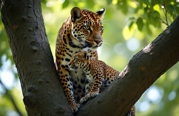 Fototapeta premium Mother jaguar and cub sit together on tree branch. Adult cat looks forward, baby animal watches intently. Spotted big cats rest in green foliage. Wildlife protection concept.