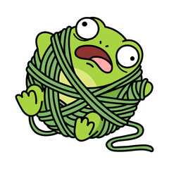 Cute green frog tangled in a ball of knitting yarn, flat vector illustration of surprised cartoon character for hobby and children design isolated on white, funny knitting concept.