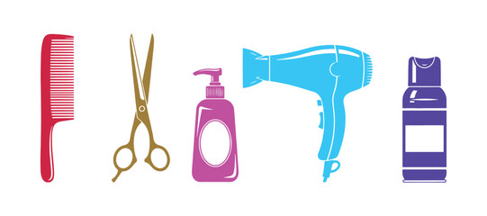 Icons in various colors for barbershops and hairdressers. Hair care and hairdressing tools icon set. Contains barber combs, scissors, dryers, shampoo, and shaving cream. Isolated vector illustration.
