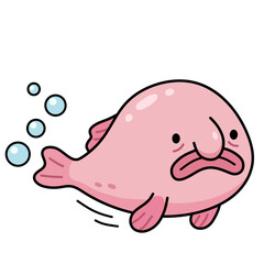 Pink cartoon blobfish swimming underwater with bubbles, vector illustration of sad deep sea fish in flat style on white background, cute character for stickers and children design.