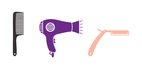 Multicolored icons representing barbershops and hairdressers. Set of icons for hair care and hairdressing tools. Features barber combs, scissors, hair dryers, shampoo, and shaving cream.