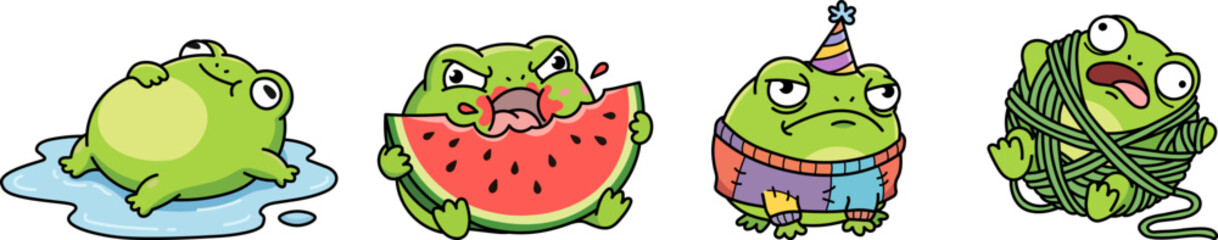 Set of cute green frog cartoon characters with different emotions: eating watermelon, relaxing in water, wearing party hat and tangled in yarn, flat vector stickers for design.
