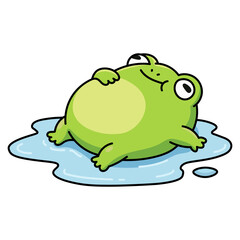 Cute green frog cartoon character lying in blue water puddle and looking up dreamily, flat vector illustration of happy animal for stickers, children design and summer concepts.