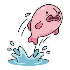 Pink cartoon blobfish jumping out of water with splash, vector illustration of sad deep sea fish character in flat style isolated on white, funny aquatic animal for stickers.