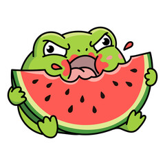 Funny green frog greedily eating juicy watermelon slice with splashes, vector cartoon character illustration in flat style on white background, comic sticker for summer and food design.