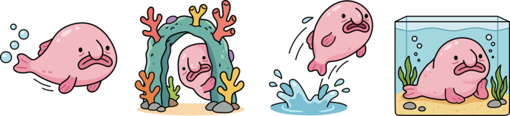 Cute pink blobfish cartoon set with character swimming underwater, jumping from water and sitting in aquarium, sad deep sea fish vector illustrations with corals and seaweed in flat style.