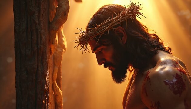 Jesus Christ wears thorny crown, suffers on cross. Sunlight beams illuminate his pained expression and bloody wounds. Represents sacrifice, faith, and redemption.