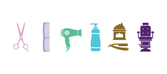 Vibrant icons for barbershops and hairdressers. A collection of hair care and hairdressing tools icons. Includes barber combs, scissors, dryers, shampoo, and shaving cream. Isolated vector