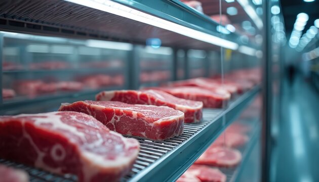 Fresh raw meat cuts neatly arranged on metal shelves in a bright refrigerated display case. Commercial food storage unit ready for sale. Quality assurance in food industry.