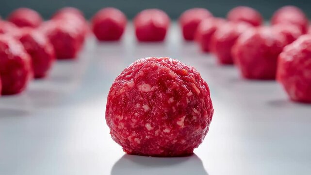 Raw ground beef ball fresh red meat uncooked arranged on white surface closeup food preparation protein source ingredient rows