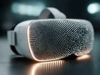 A futuristic VR headset with a glowing white dot pattern rests on a metallic surface with a blurred background of blue and white lights.