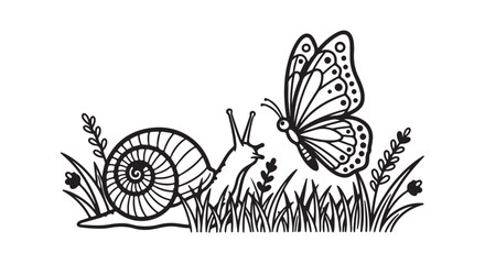 Vector illustration of a snail and butterfly in grass, floral scene, for banner or poster isolated on White Background © Misbah