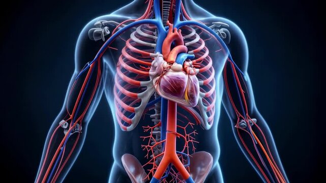 Semi-Transparent Torso Highlighting Major Arteries and Veins Over Ribcage