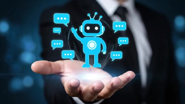 AI chatbot in hand, conceptualizing artificial intelligence, machine learning, and communication with digital assistants for business growth and customer support solutions