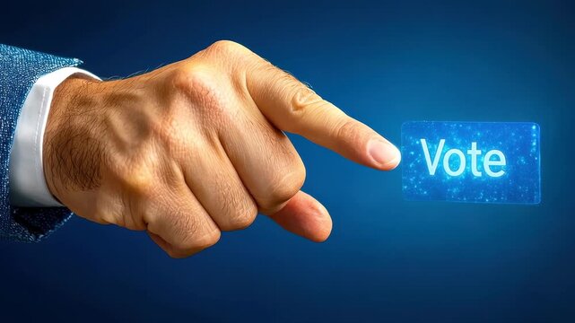 Hand Finger Touch Vote Button Digital Blue Technology Election Concept with Hand Pointing to Glowing Digital Vote Button Symbolizing Online Voting