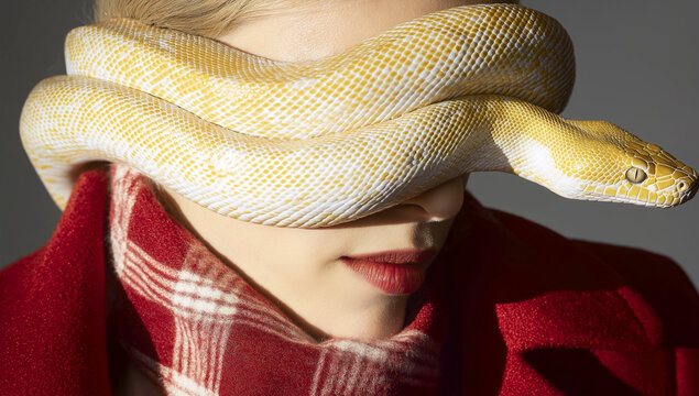 A woman in red plaid with a yellow-white snake wrapped over her eyes in a bold editorial fashion shot. Subversive, stylish, and powerfully conceptual.
