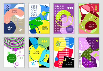 Bright background in Memphis style. Set of 8 geometric cover designs. Fashionable bright cover, banner, poster, booklet. Bright colors. Vector 