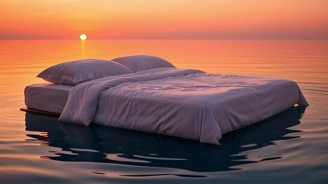 A serene bedroom setup floating on tranquil water at sunset, capturing cinematic motion and dynamic reflections
