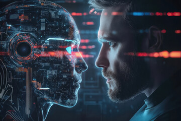 Fototapeta premium Human and robot face off in a futuristic setting with digital elements