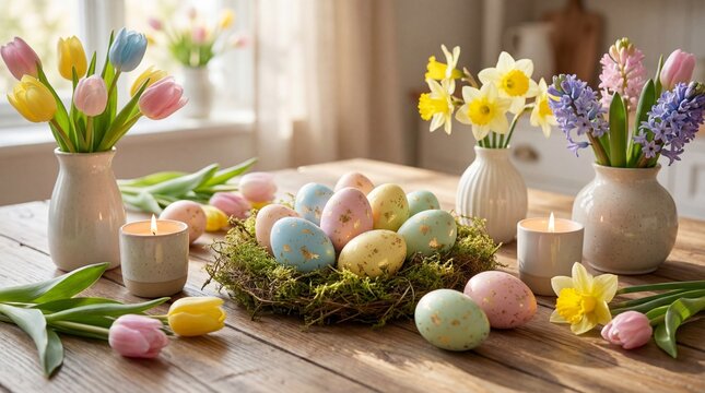 Colorful easter eggs and flowers on a wooden table in a bright room