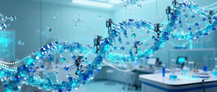 Tiny Astronaut Figures Navigate Glowing Blue DNA Double Helix Structure in a Modern Scientific Laboratory with Advanced Equipment and Glassware