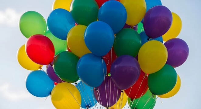 Vibrant cluster of colorful balloons floating against a clear blue sky with white clouds