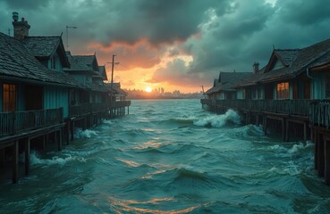 Obraz premium Waves crash on stilt houses during sunset with city skyline beyond. Flooded coast shows rising sea levels and environmental impact on buildings.