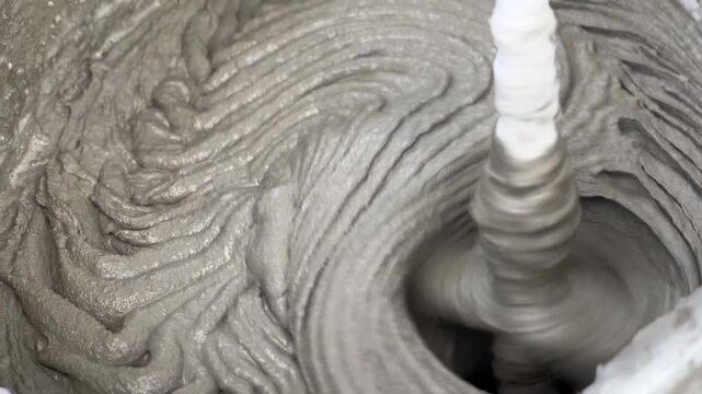 The process of mixing gray cement shows the blending of materials in a rotating mixer. This is an essential step for construction activities that follow.