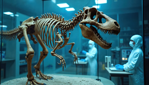Scientists in protective suits examine dinosaur skeleton in lab. Researchers study ancient extinct animal bones with modern tech. Genetic revival of species is possible.