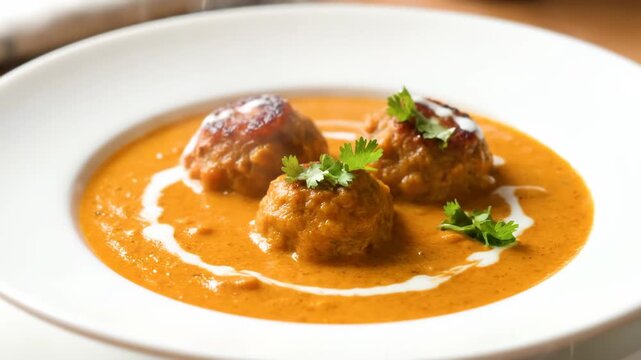 Static Close-up of Kofta Meatballs in Curry Garnished with Cream and Cilantro