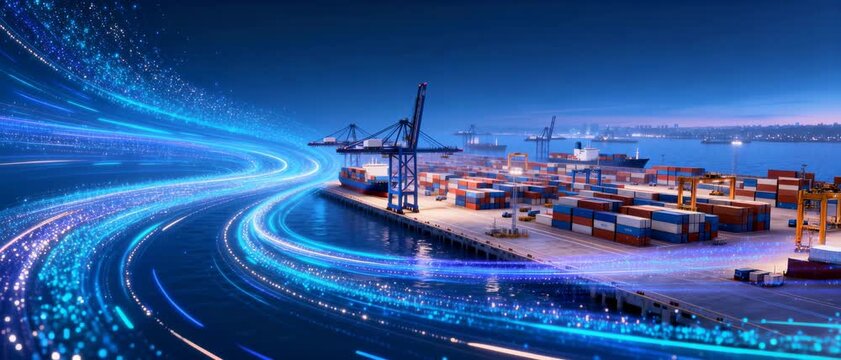Modern Container Port Terminal at Night with Digital Data Streams and Cranes Handling Shipping Containers for Global Logistics