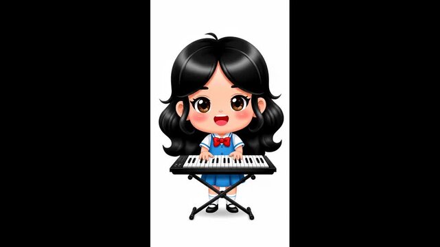 Cute little girl in school uniform playing electronic keyboard isolated on white background