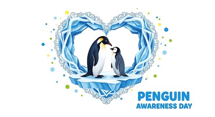 Fototapeta premium Penguin awareness day celebration with lovely penguin couple in heart shape