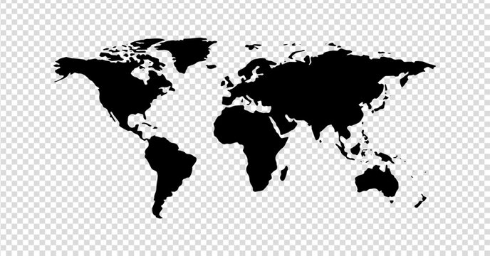 World map silhouette. Black world map template with continents, north and south america, europe, asia, africa and australia
