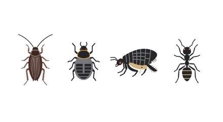 Fototapeta premium Set of common household pests and insects drawn in a flat graphic style. Pest control concept. Vermin infestation problems.