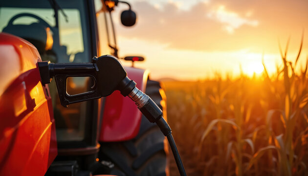Red tractor refuels with diesel nozzle in cornfield at sunset. Agricultural machinery gets fuel before harvest. Farm equipment operates at golden hour. Rural farming operations continue.
