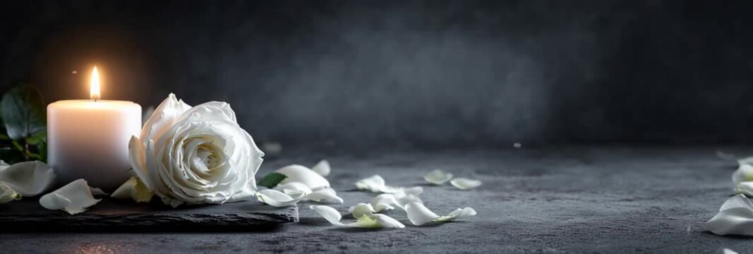 white rose and candle on a dark grey background with copy space for your message or text, representing the viewer's tribute to the peaceful journey of a lost one during a sorrowful event Generative AI
