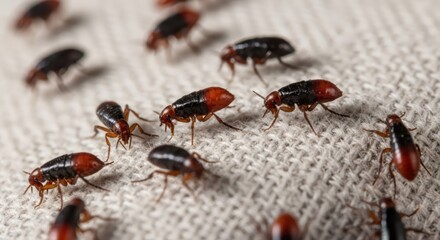 Many fleas on a light knitted fabric. Concept of pest infestation and parasite control for home hygiene and animal health.