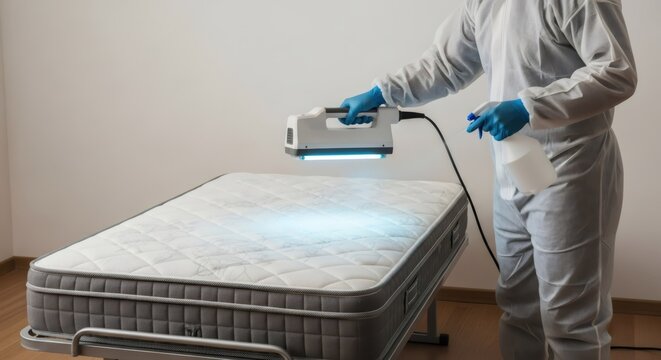 Worker in protective suit sanitizing mattress with UV light and spray bottle. Disinfecting process for hygiene and health against germs and allergens.