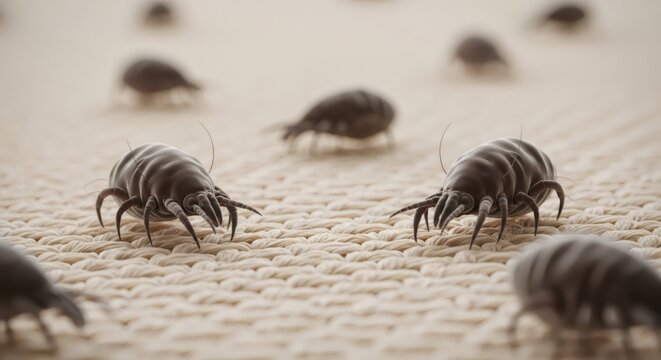 Microscopic dust mite on fiber texture. Pest control and allergy health concept. Infestations, hygiene, and medical awareness visual.