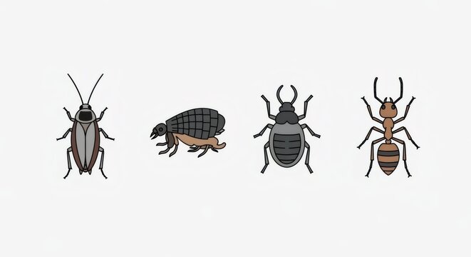 Set of various household insects and pests including a cockroach, flea, beetle, and ant for identification. Entomology and pest control concept.