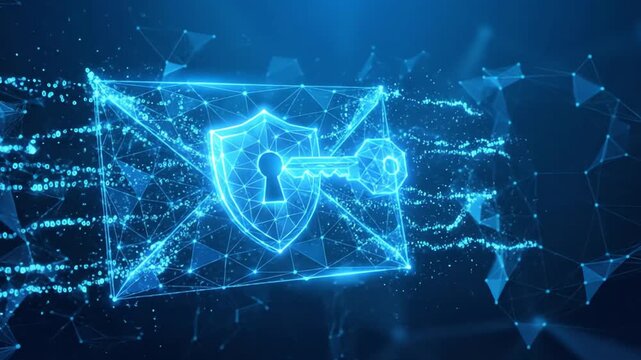 Digital communication security: an abstract graphic of an encrypted envelope with shield and key in a global cyber network.