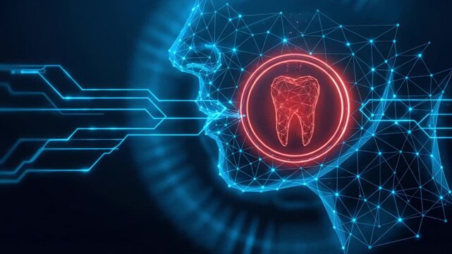 Digital visualization of human face profile with glowing tooth, representing dental health concept and technological medical diagnosis.