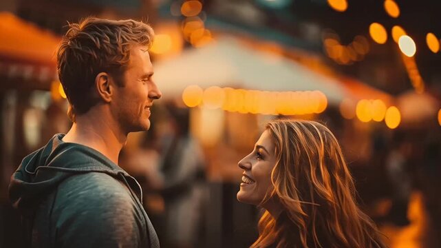Valentine's Day: A couple walks hand in hand through a vibrant outdoor market at dusk, surrounded by twinkling string lights in a romantic video setting.